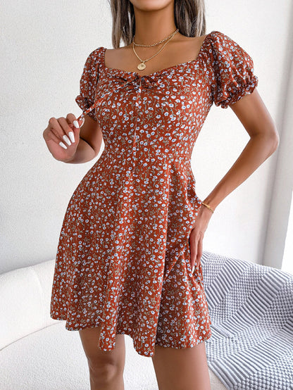 Women Casual Bell Sleeve Drawstring Tie Flowy Floral Print Dress