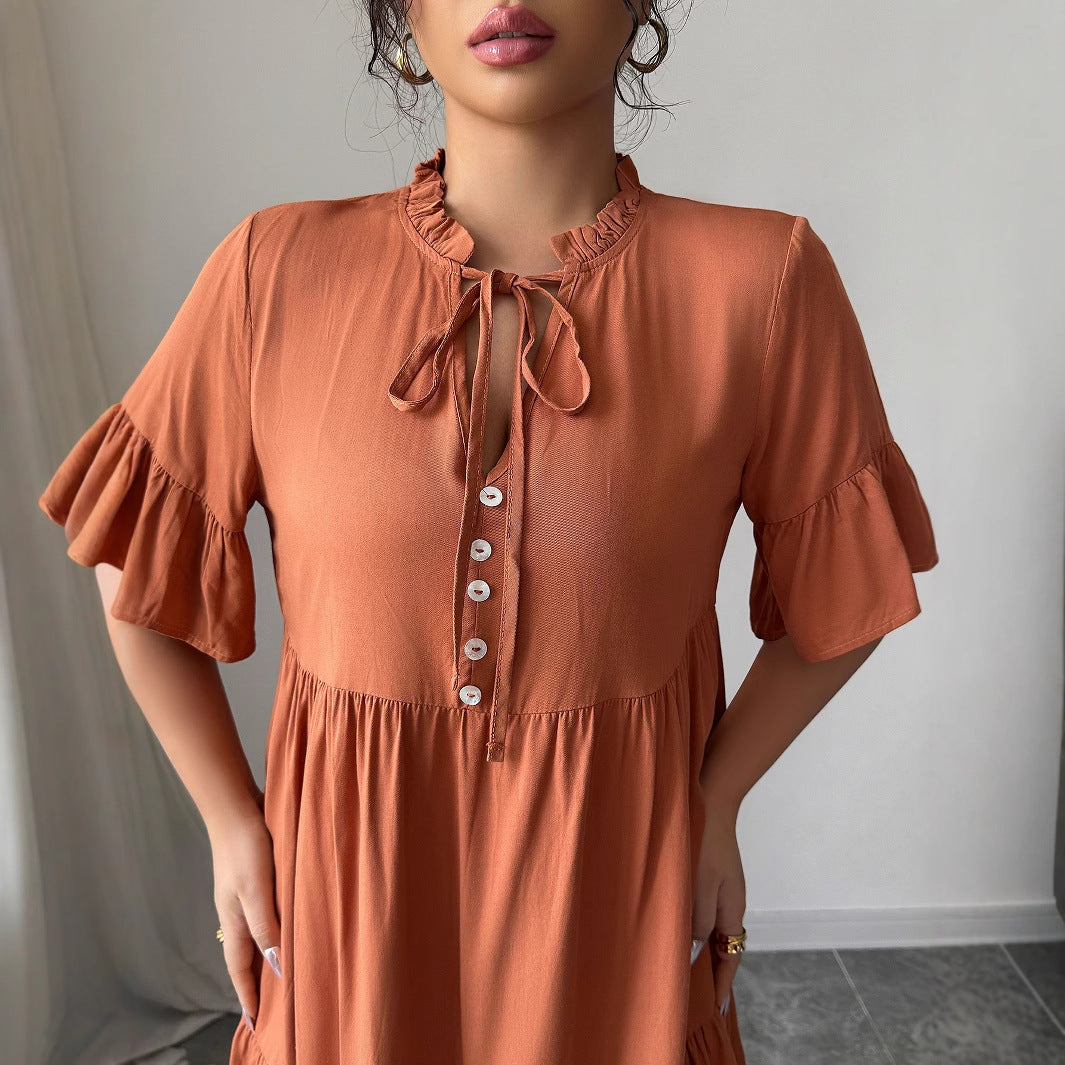 High-grade Simple Style Lace-up Solid Color Dress Women